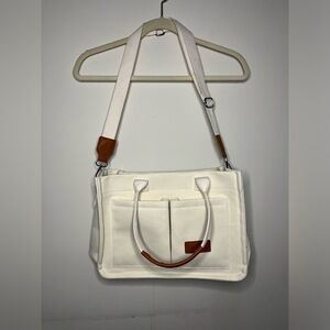 Women’s White ZHMO Canvas Tote Crossbody Laptop Book Bag Adjustable Strap
